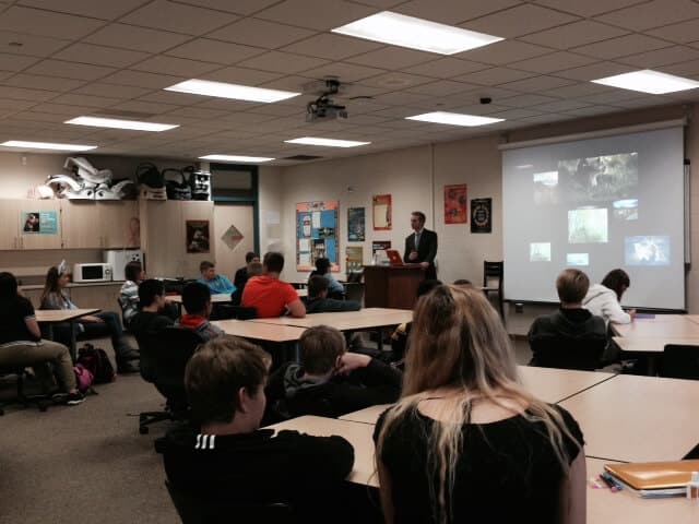 Attorney Brandon Hewitt speaks on distracted driving at the Byron Center in Grand Rapids