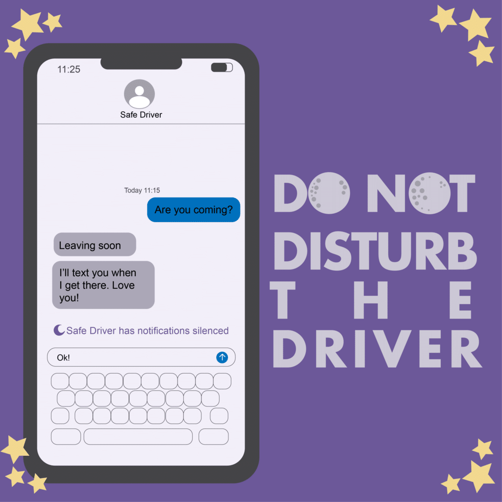 Image of a cell phone text messaging screen that has "Safe Driver" mode enabled to silence notifications while driving.