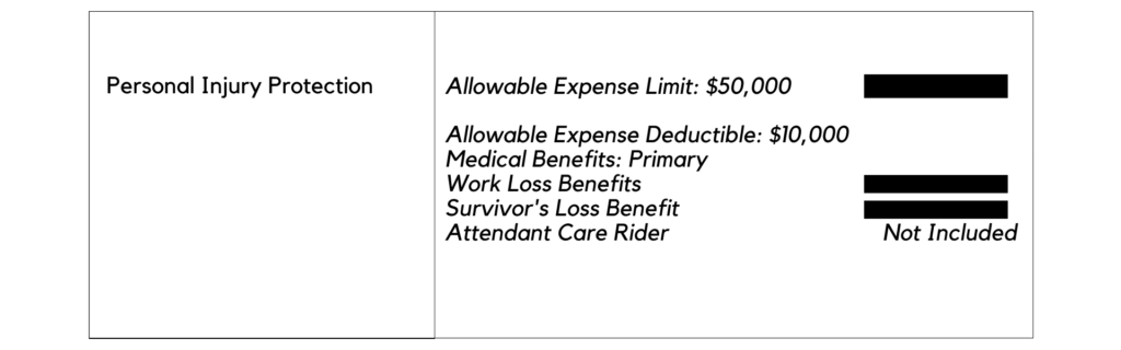 This is a screenshot of a AAA auto insurance policy issued to a Michigan driver. The $10,000 “allowable expense deductible” is a No-Fault PIP medical deductible, meaning that the $10,000 must be paid in full before AAA will begin to pay for its insured’s car accident-related medical expenses.