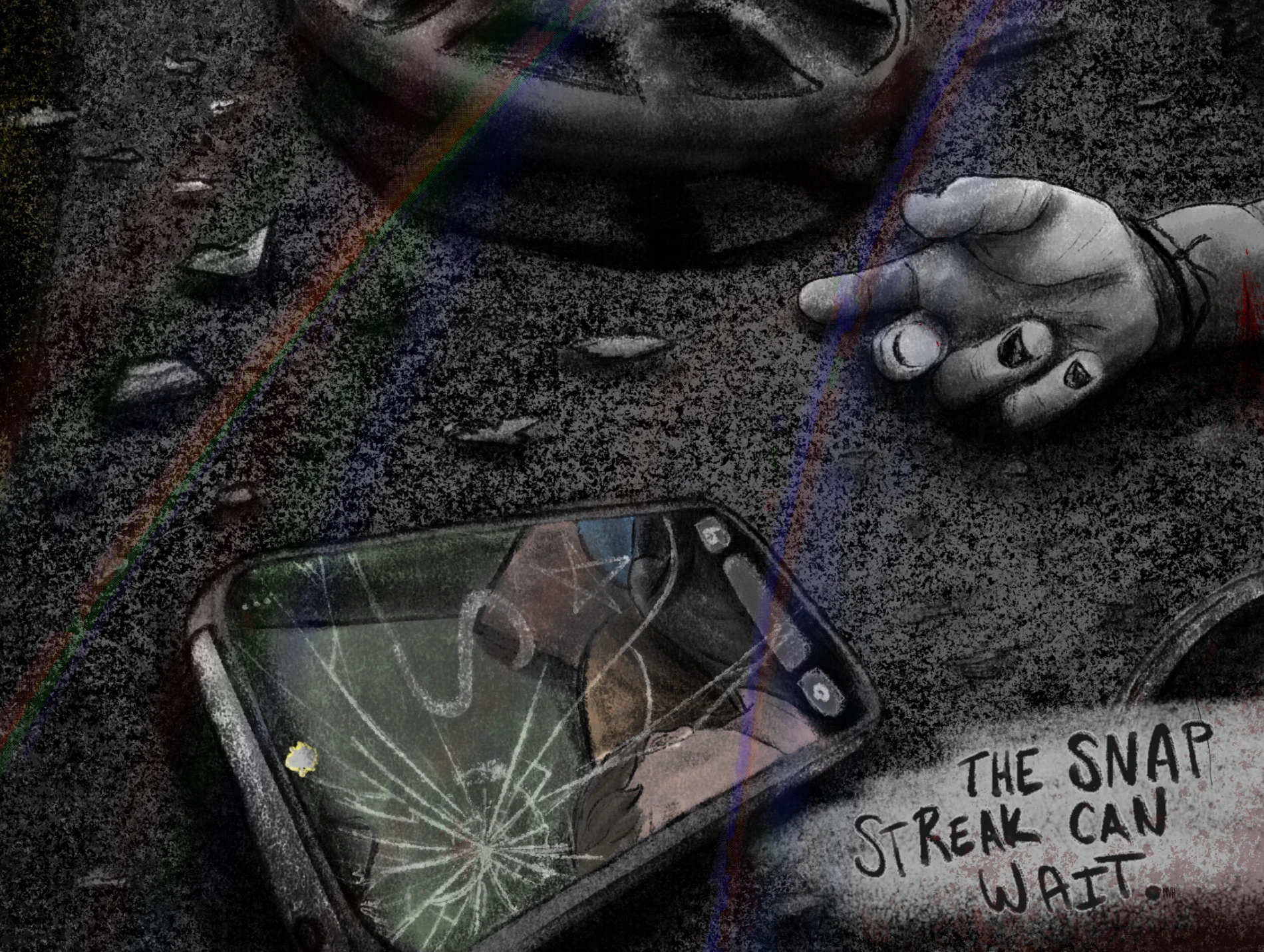 Drawing of an accident scene with a broken cell phone on the ground. Text reads "The Snap Stream Can Wait."