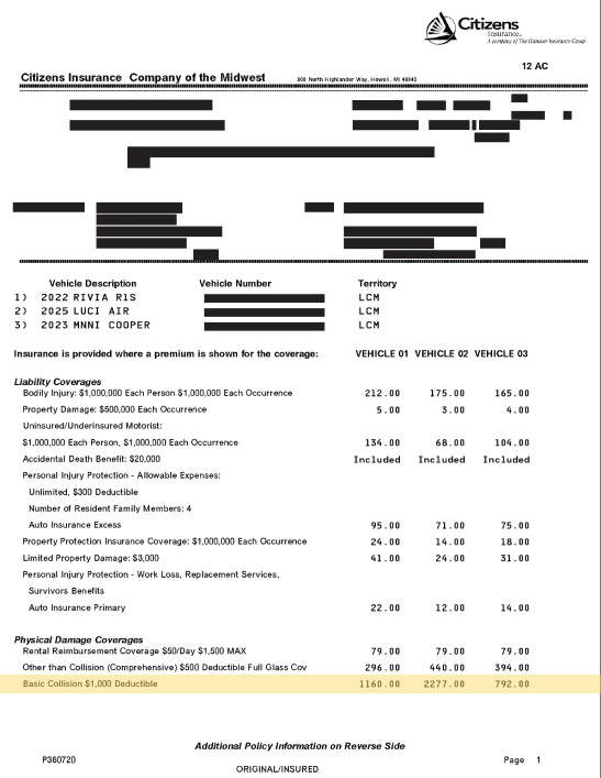 Insurance declarations page example 1