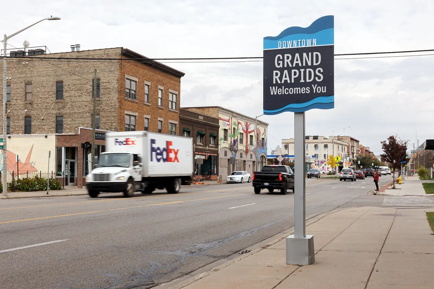 Delivery truck traveling through downtown Grand Rapids, where Michigan Auto Law handles truck accident attorney cases.