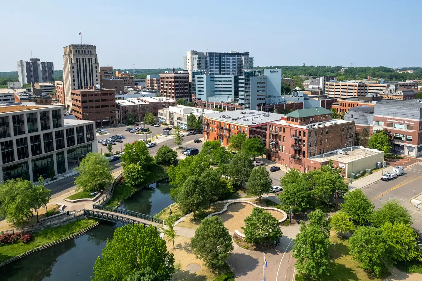 Cityscape of downtown Kalamazoo, reflecting the area served by a truck accident lawyer in Kalamazoo.
