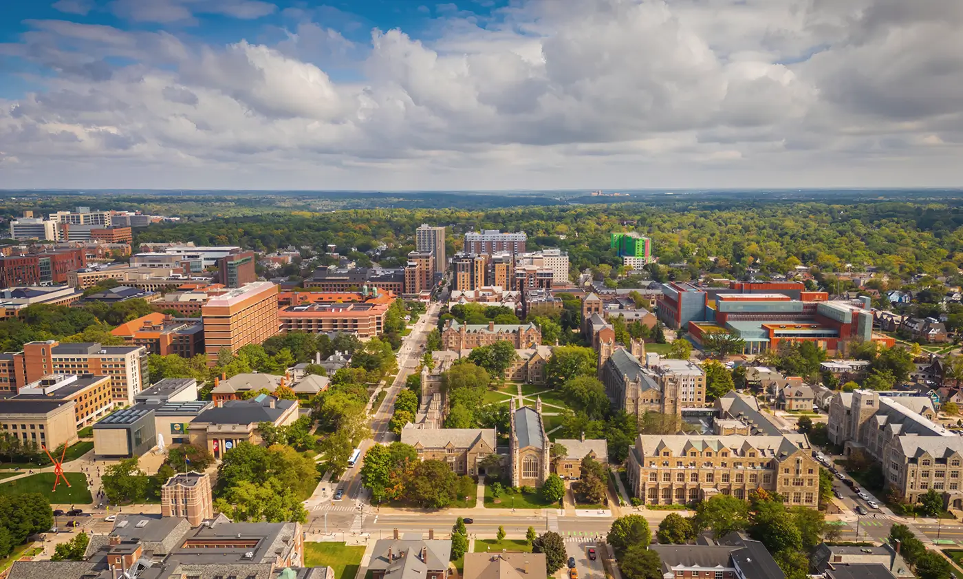 Ann Arbor skyline and campus district, depicting the area where Michigan Auto Law serves as an Ann Arbor car accident lawyer.