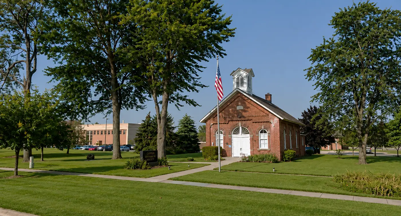 Canton historic building and green space, depicting the area where Michigan Auto Law serves as a Canton car crash lawyer.