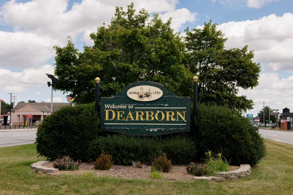  Welcome to Dearborn roadside sign, where Michigan Auto Law helps drivers as a car accident lawyer in Dearborn.