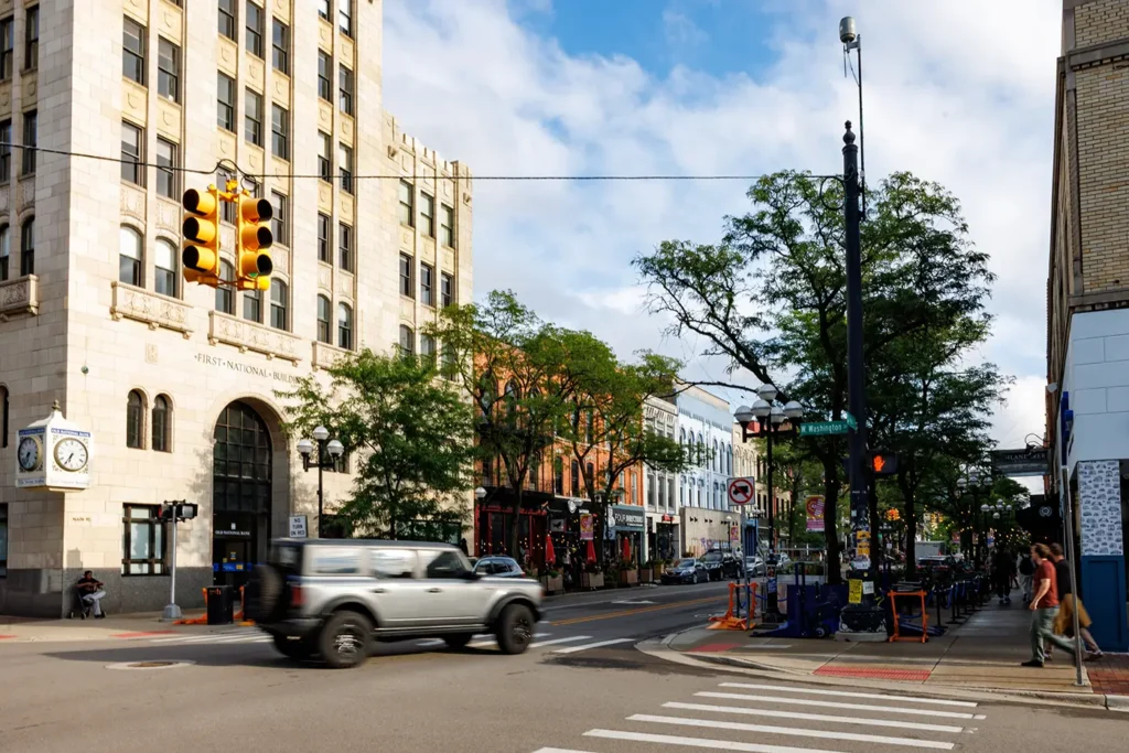 Downtown Ann Arbor street scene, highlighting Michigan Auto Law as an Ann Arbor car crash lawyer.