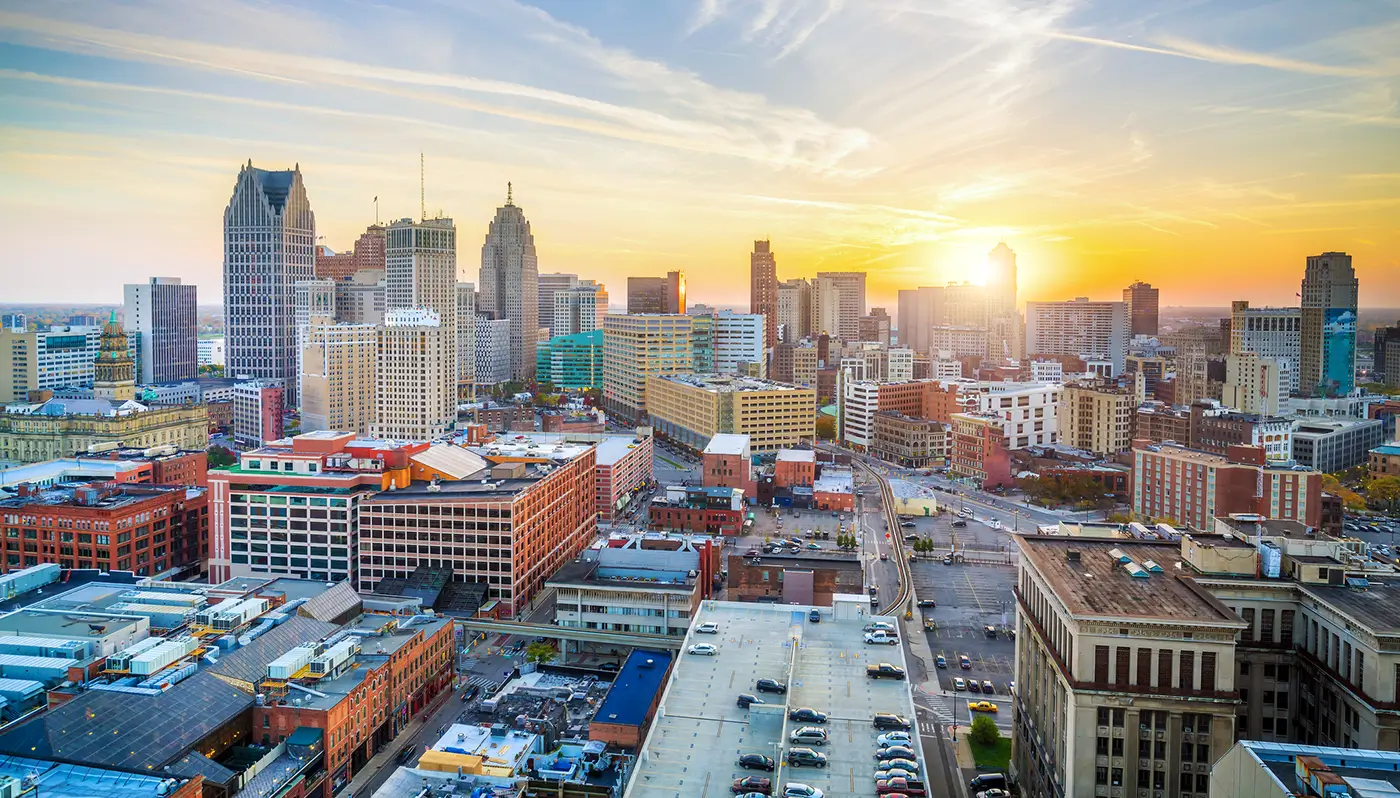 Downtown Detroit skyline at sunrise for a Detroit car accident law firm.