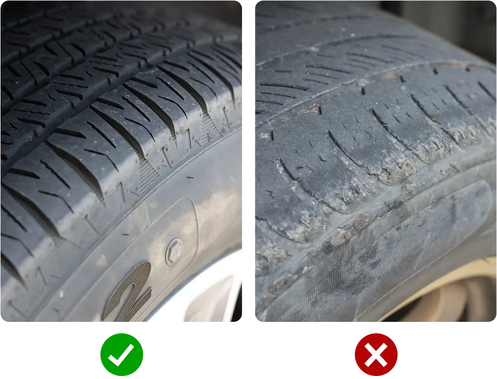 Healthy tire tread compared with worn tire tread, showing an important road trip safety check.