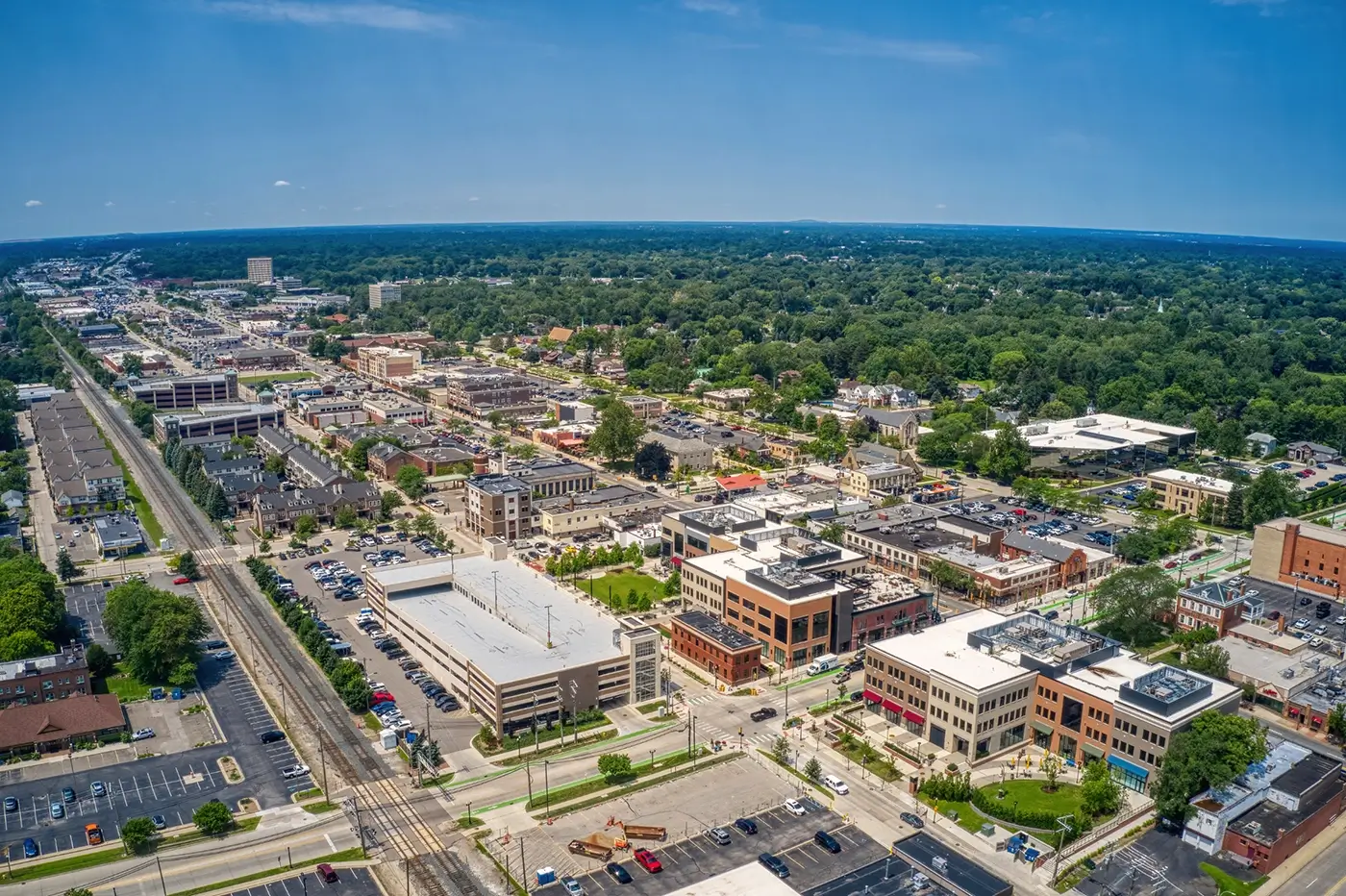 Aerial view of Dearborn Heights, highlighting Michigan Auto Law as a truck crash lawyer in Dearborn Heights.