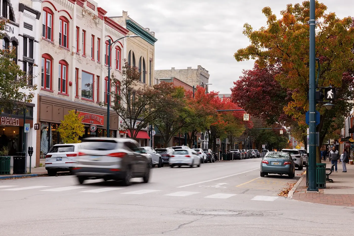 Vehicles pass through downtown Traverse City, an area served by Michigan Auto Law as an Uber crash lawyer.