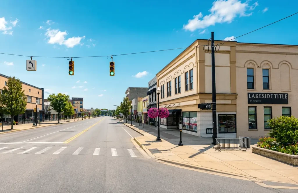 Downtown streetscape with storefronts and traffic lights, highlighting Michigan Auto Law's car crash lawyer services in Cadillac.