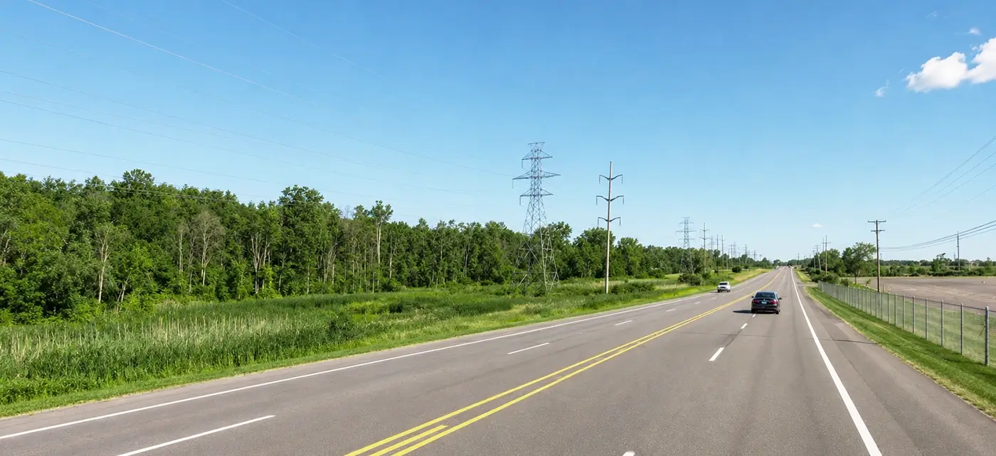 Grand Blanc road with passing cars, highlighting Michigan Auto Law car accident lawyer services.