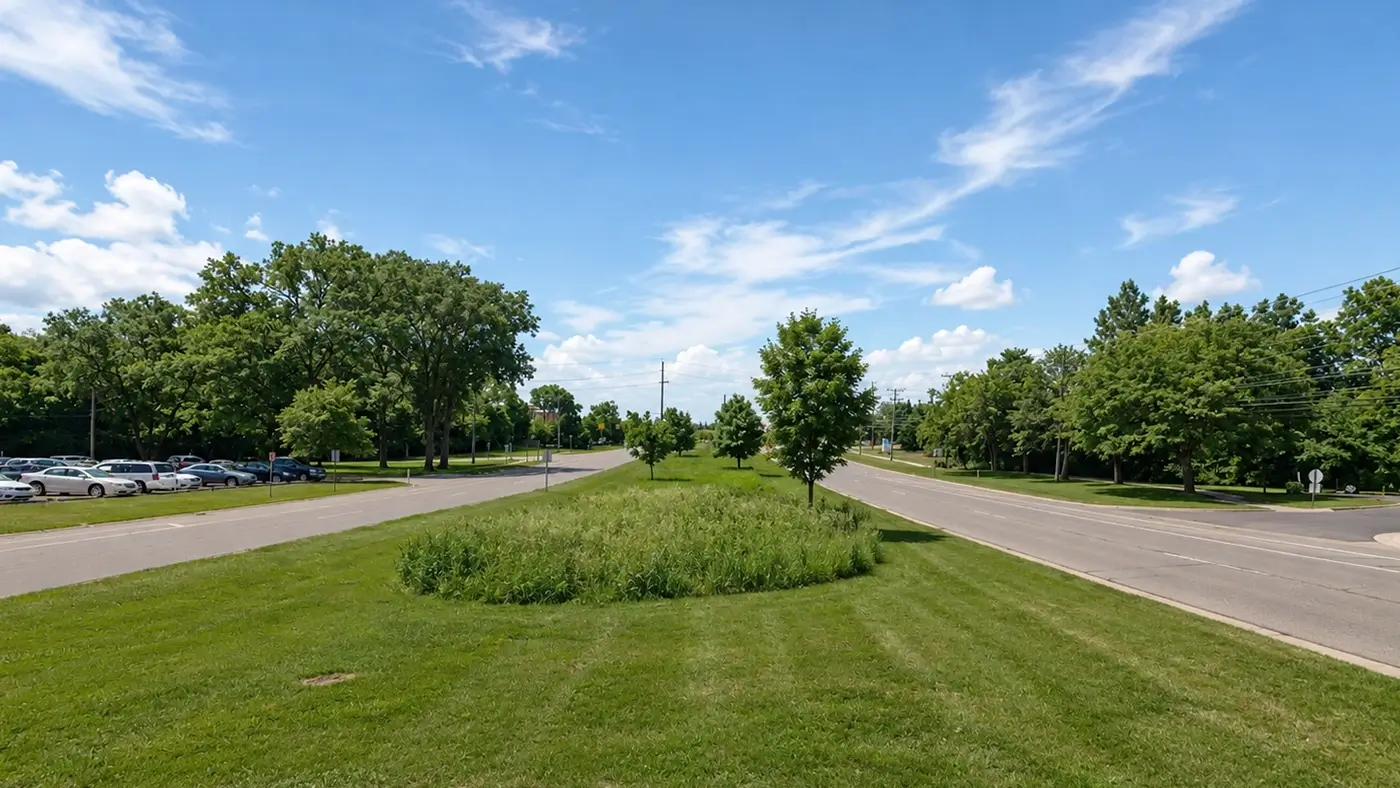 Wide view of a landscaped roadway representing Lyft accident lawyer Farmington Hills services.
