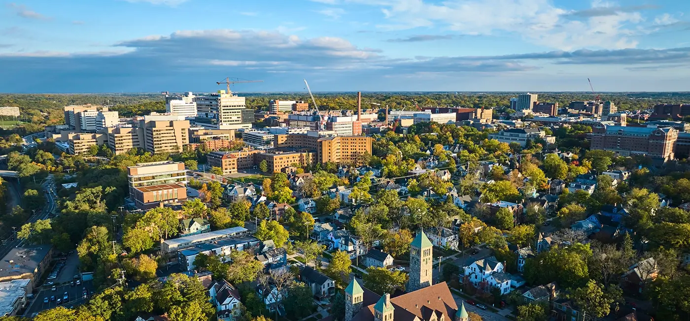 Aerial view of Ann Arbor, representing where Michigan Auto Law provides truck accident attorney services.