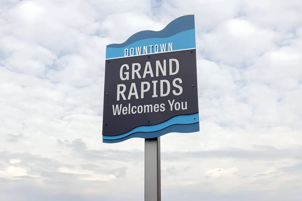 Downtown Grand Rapids welcome sign, highlighting Michigan Auto Law's wrongful death lawyer services in Grand Rapids.