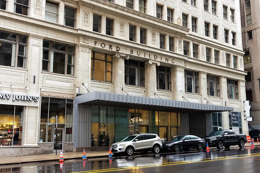 Historic Ford Building in downtown Detroit, connecting the city with Michigan Auto Law pedestrian accident lawyer services.