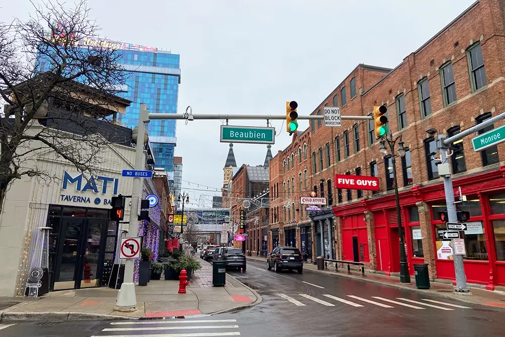 Downtown Detroit intersection at Beaubien Street, highlighting urban streets similar to those Michigan Auto Law's pedestrian accident attorneys handle.