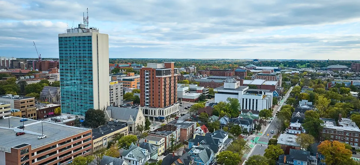Aerial view of downtown Ann Arbor, representing the area where Michigan Auto Law provides wrongful death lawyer services.